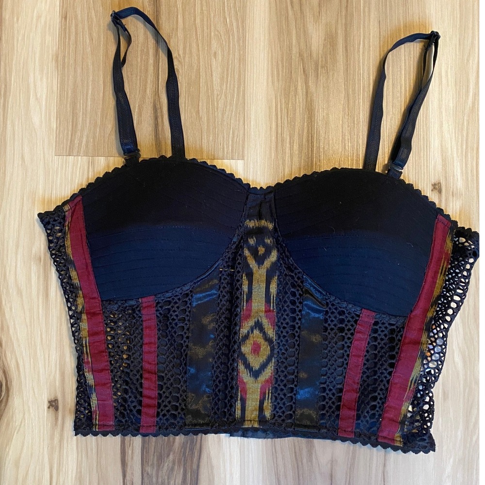 Paul Ropp Women One Size Black Ikat Mesh Corset Bustier Top Boho Festival Crop